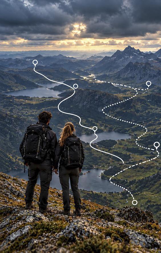 Caminhantes observando uma paisagem montanhosa com alternativas de percurso desenhadas