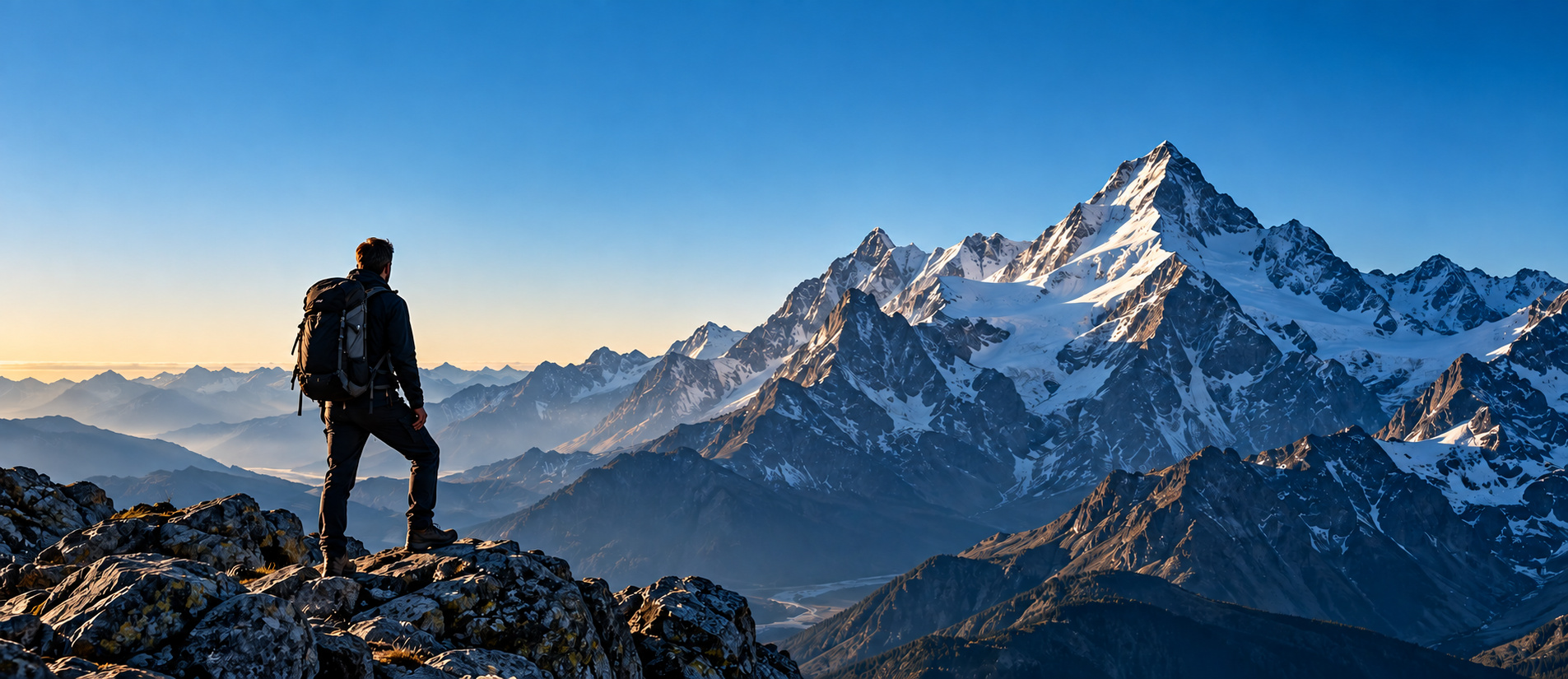 Montanhista diante de um grande pico nevado sob o céu azul