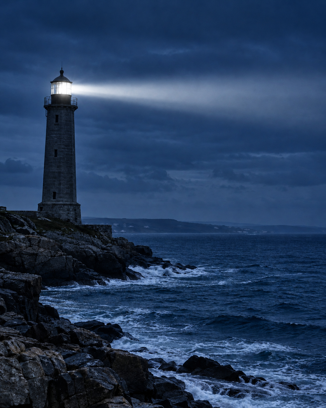 Farol de pedra sobre rochas à beira-mar, com fachos de luz sob um céu encoberto