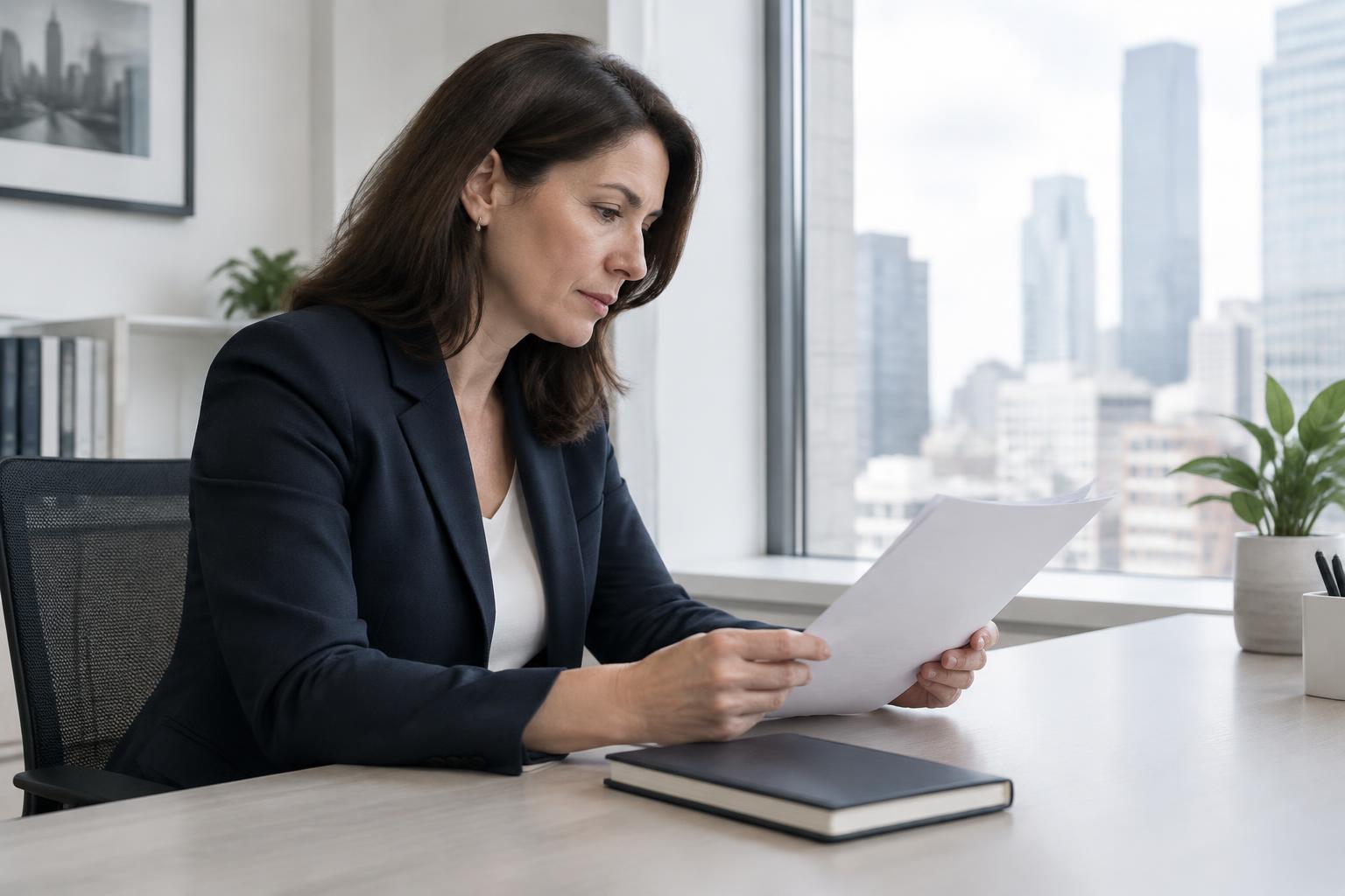 Executiva analisando documentos em escritório corporativo